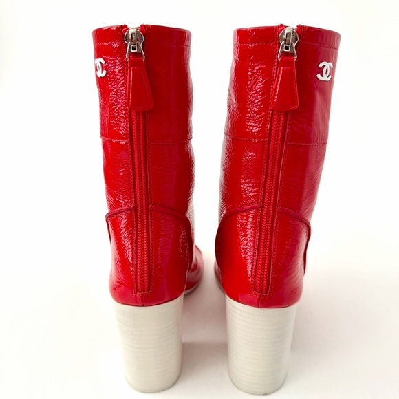 CHANEL | Red Patent Leather CC Logo Block Heel Ankle Boots EU 37.5 - Picture 8 of 13